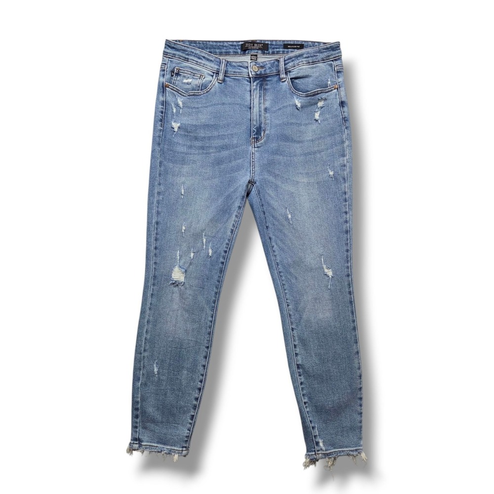 Judy Blue Relaxed Fit Jeans Womens 32 Distressed Fray Hem High Rise